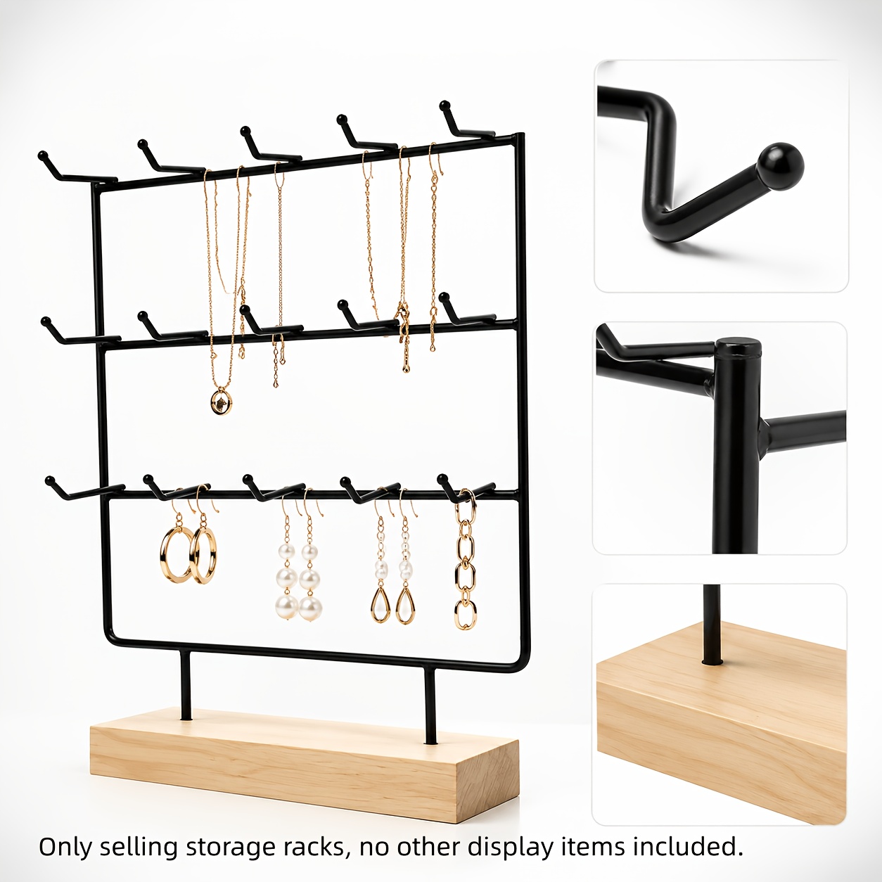 TEMU Multi-hook Desktop Jewelry Organizer Stand, Metal Frame Wood Base Earring Necklace Holder, Tabletop Display Rack For Dresser Home Decoration