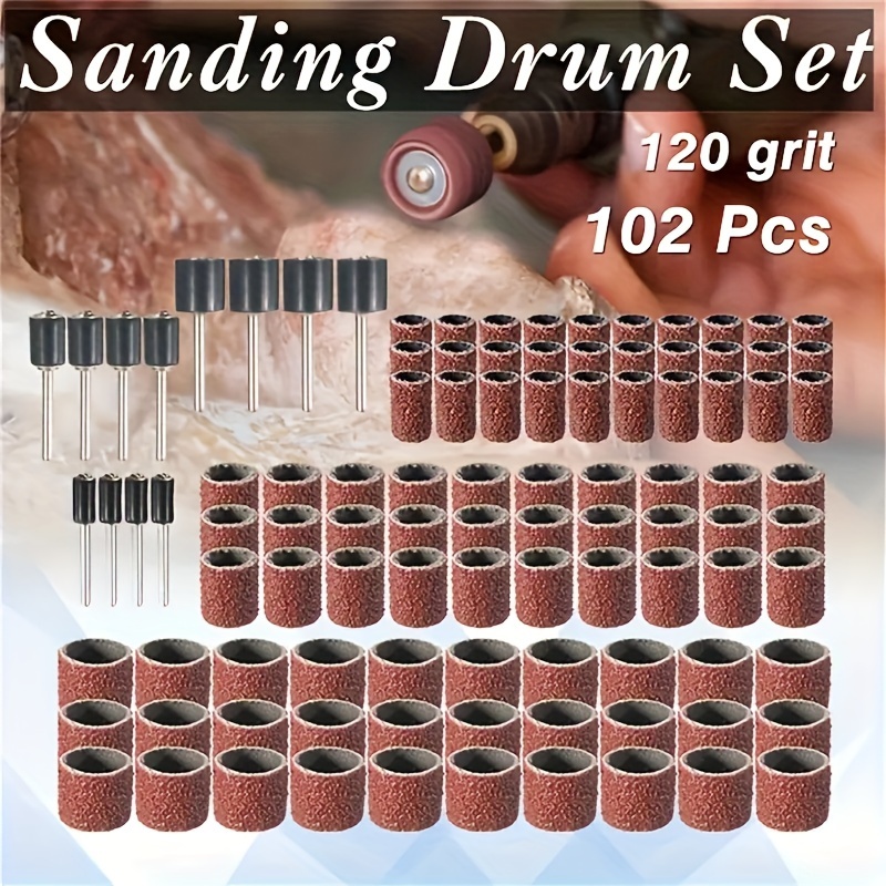 

102pcs Medium Grit Sanding Drum Set, 120 Grit Sandpaper Bands, Paper Material, Compatible With Disc Sander, Rotary Tool Grinding Sand Ring Bits Accessories