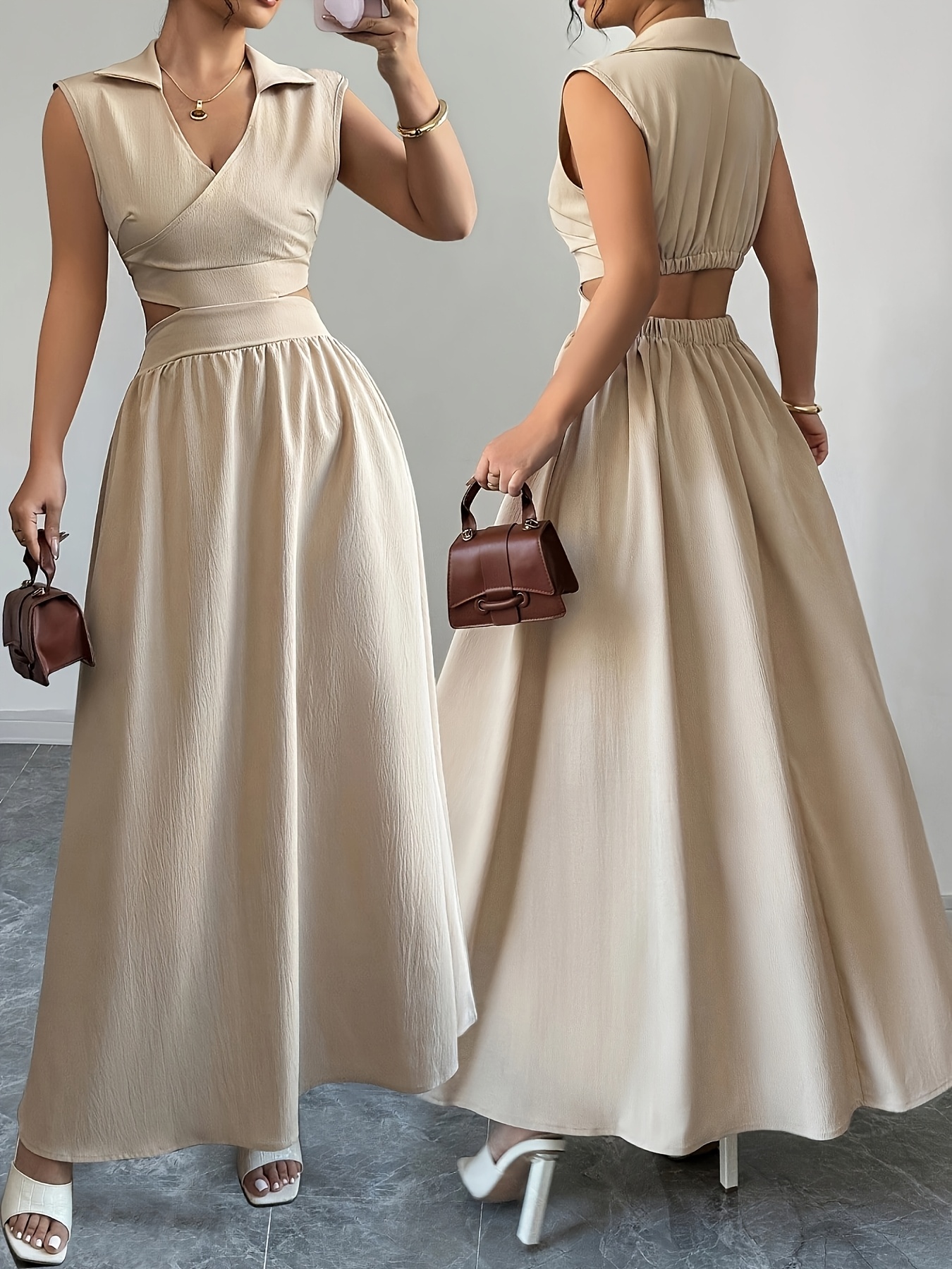 Women's Elegant Beige/Taupe Formal party wedding guest gown Flared skirt,  Machine Washable non-stretchy party dress for Women, Dresses for Wedding G