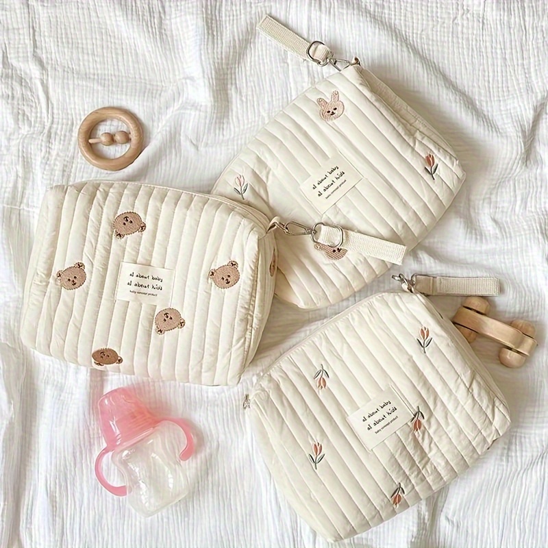 [1pc Embroidered Diaper Clutch Bag] Embroidered Diaper Clutch Bag for Strollers, Polyester Quilted Organizer Pouch with Zipper, Cute Floral Design, for Ages 14+