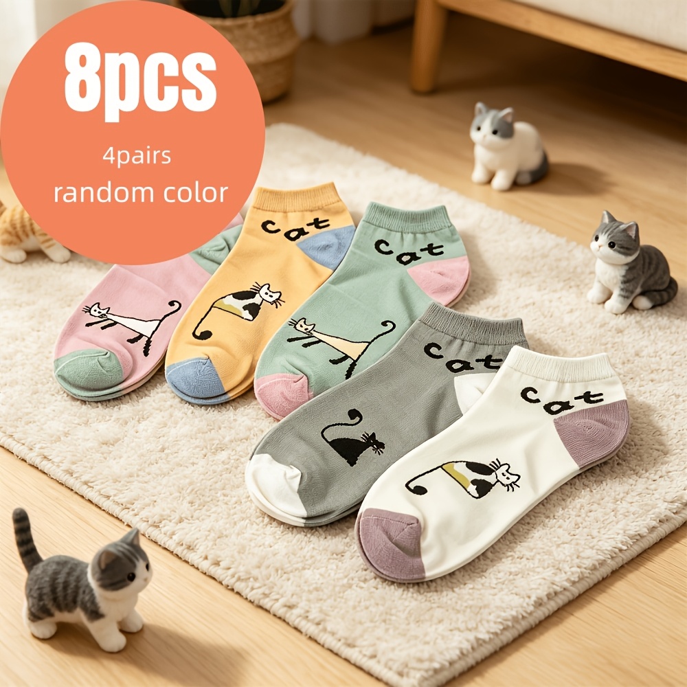 TEMU 8 pezzi/4 pezzo Calzini alla caviglia da donna colori assortiti, Calzini casual da con stampa gatto cartone animato, Morbidi e traspiranti per ,