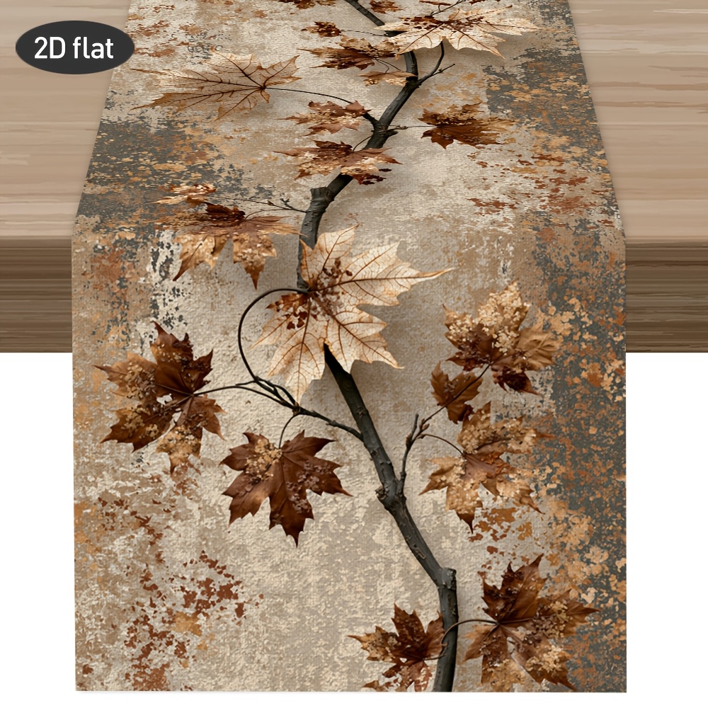 TEMU 1pc, 2d Flat Printing, Elegant Vintage Style Gray-brown Maple Leaf And Floral Branch Table Runner, Autumn Home Decor Style, Printed Polyester
