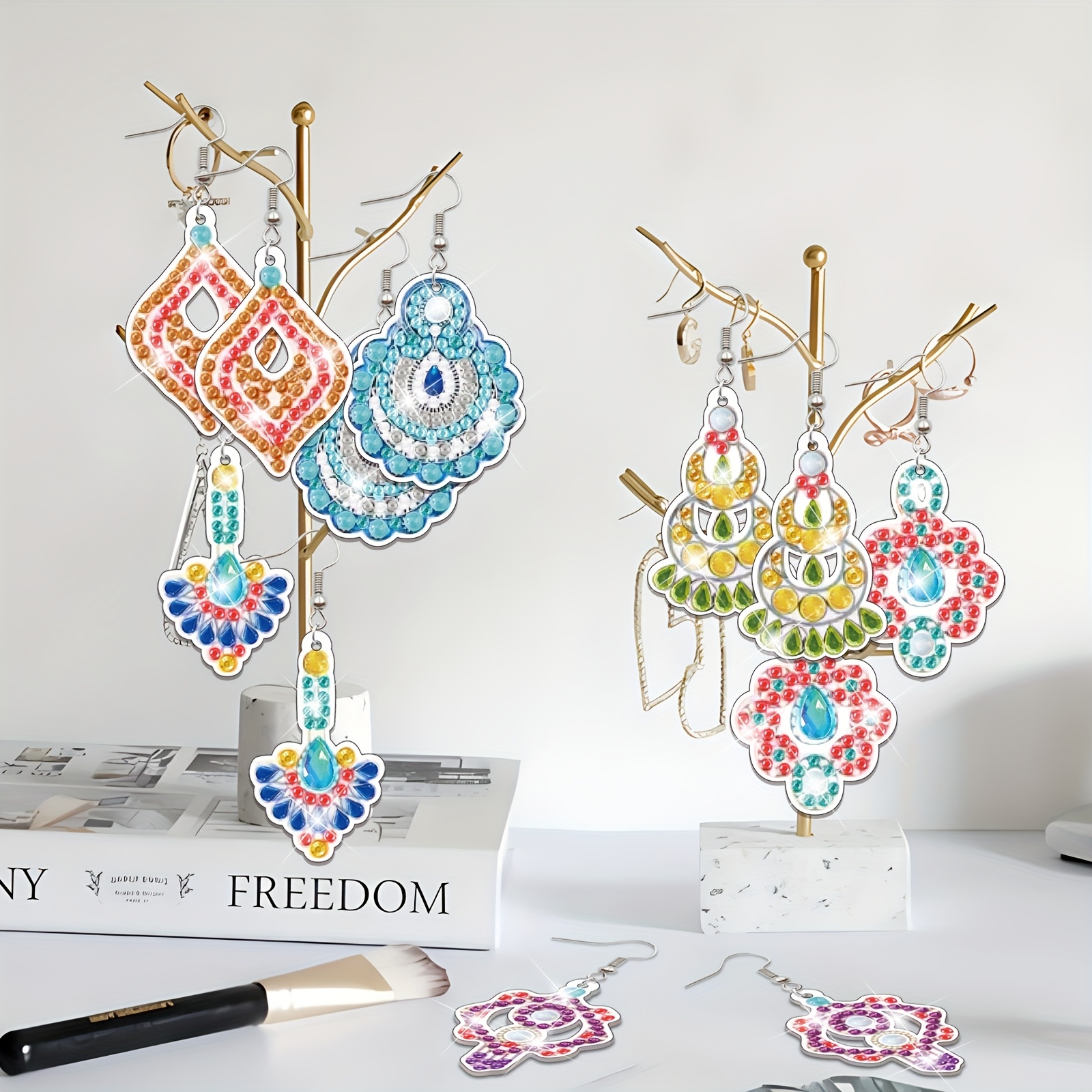 12pcs 2D Flat Printing Diamond Art Earring Set, Fashionable DIY Kit