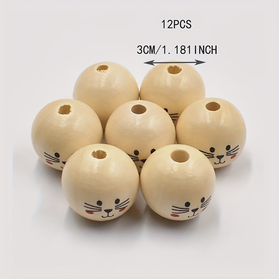 Image of 12pcs Large Size 3cm/1.181 Inch Cat Face Wooden Beads 18mm Painted Beads Farmhouse Wooden Beads Spacer Beads Loose Round Beads For Diy Crafts Home Party Hanging Decoration Festival Easter