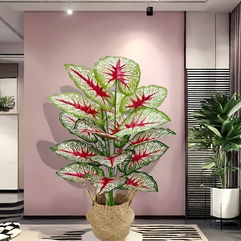 

1 Tropical Artificial Calatium Plant With Leaves - Vibrant Red Vein Accents, Ideal For Indoor/outdoor Decor, Weddings, Hotels, Gardens, Patios, And Photography, -inspired, , No Pot Included