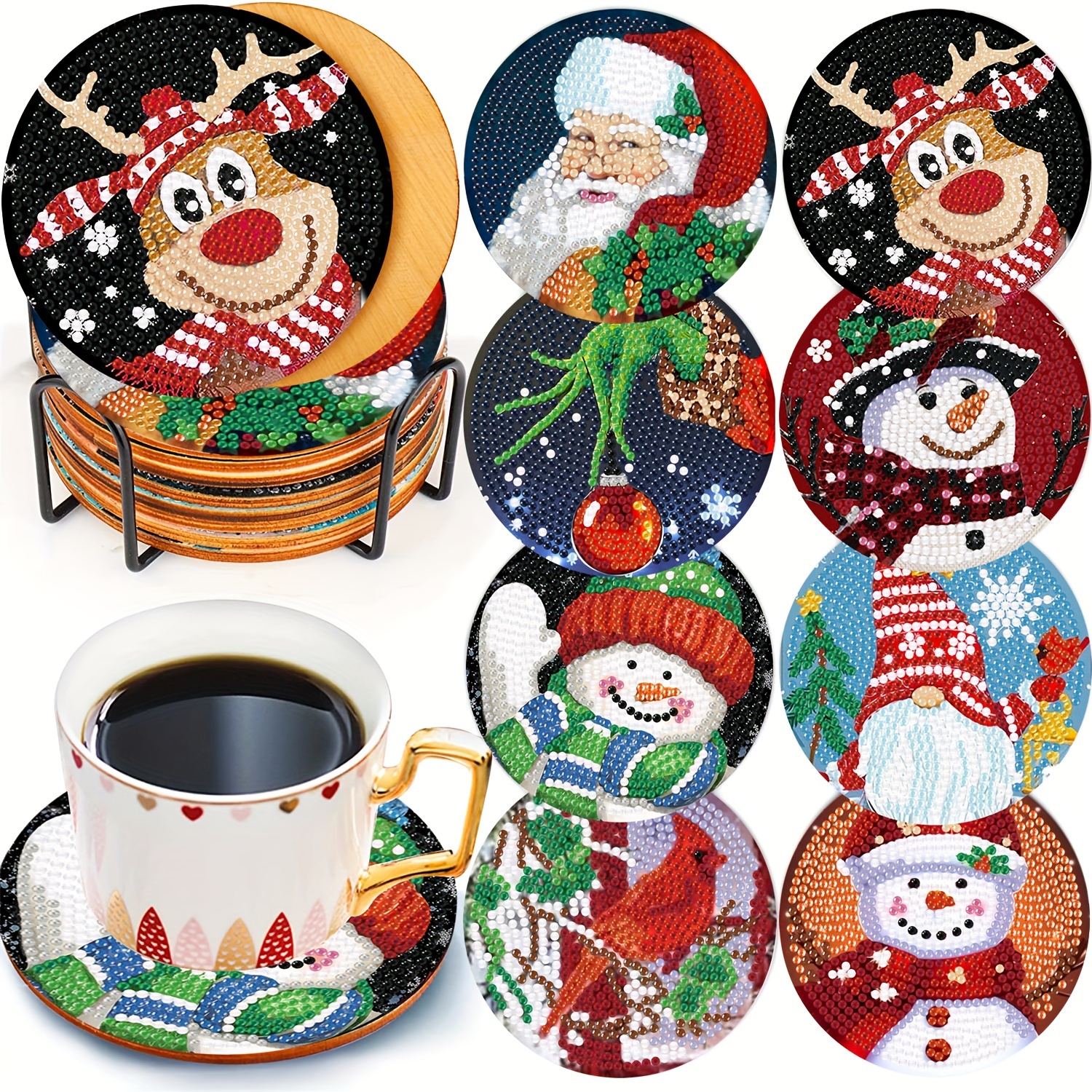 

Festive Diamond Painting Coaster Kits - 8 Piece Set With Stand, Round Diamond Art Coasters Diy Craft For Adults, Christmas Reindeer & Snowman Plywood Cup Mats