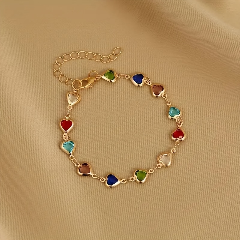 

1pc Colorful Heart Bracelet With Synthetic Gems - Vintage And Elegant Style For Valentine's Day