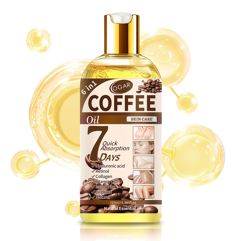 Ulei de îngrijire corporală cu cafea 6-în-1, bogat în ulei de cafea, retinol, colagen, vitamina C, vitamina E și alte nutrienți, bucură-te de masaj stil spa acasă, hidratare profundă, fermitate, luminozitate, potrivit pentru toate tipurile de piele, convenabil pentru acasă și călătorii