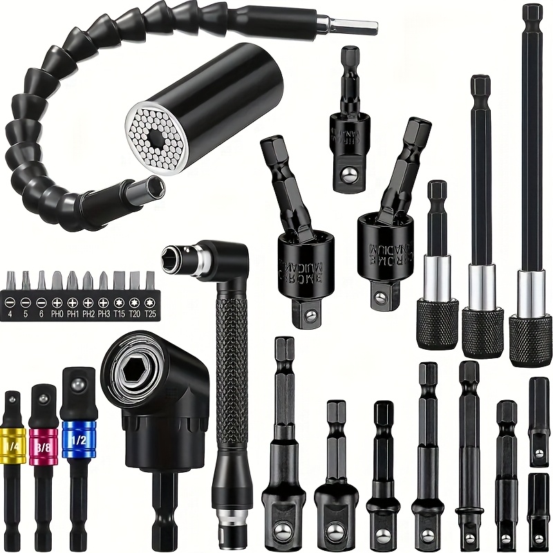 Juego de 31 adaptadores para brocas de taladro - Conjunto universal de ángulo recto + extensiones giratorias 360°, cabezales de destornillador 105° en 1/4", 3/8" y 1/2", acero duradero, kit multifuncional