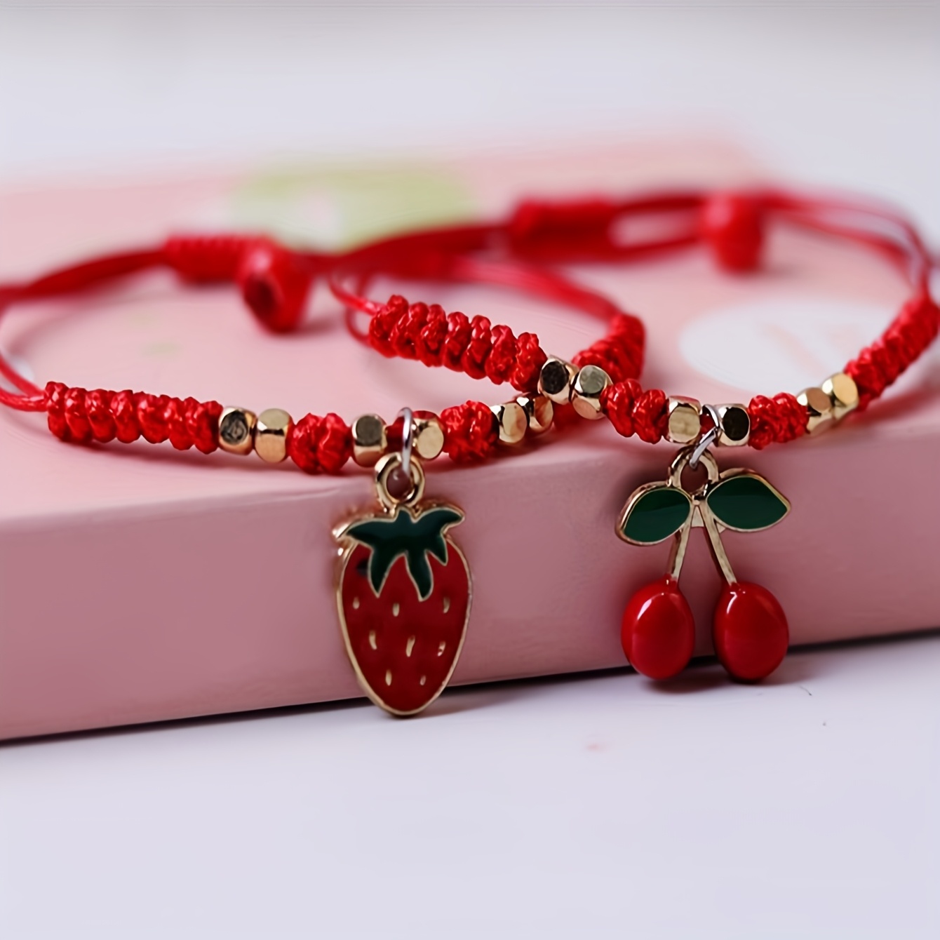 

1 Set Vintage Zinc Alloy Strawberry & Cherry Charm Bracelets, Adjustable Red String Couple Bracelet, Diy Jewelry For , All Gift For And Students