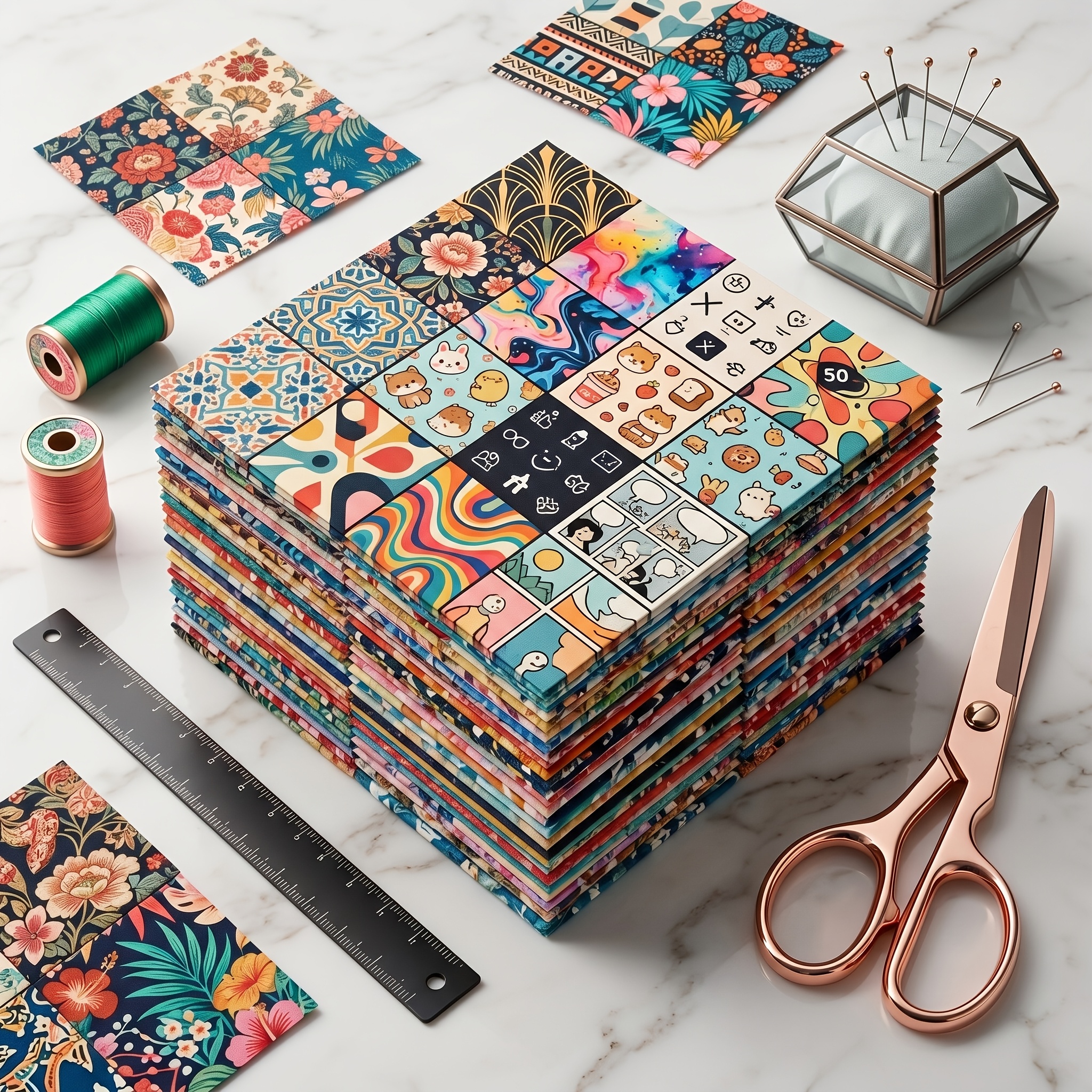 TEMU Set Of 50 Printed Polyester Squares, Each Measuring 4 X 4 Inches, Breathable Polyester For Everyday Use, With Colorful Assorted Prints, For