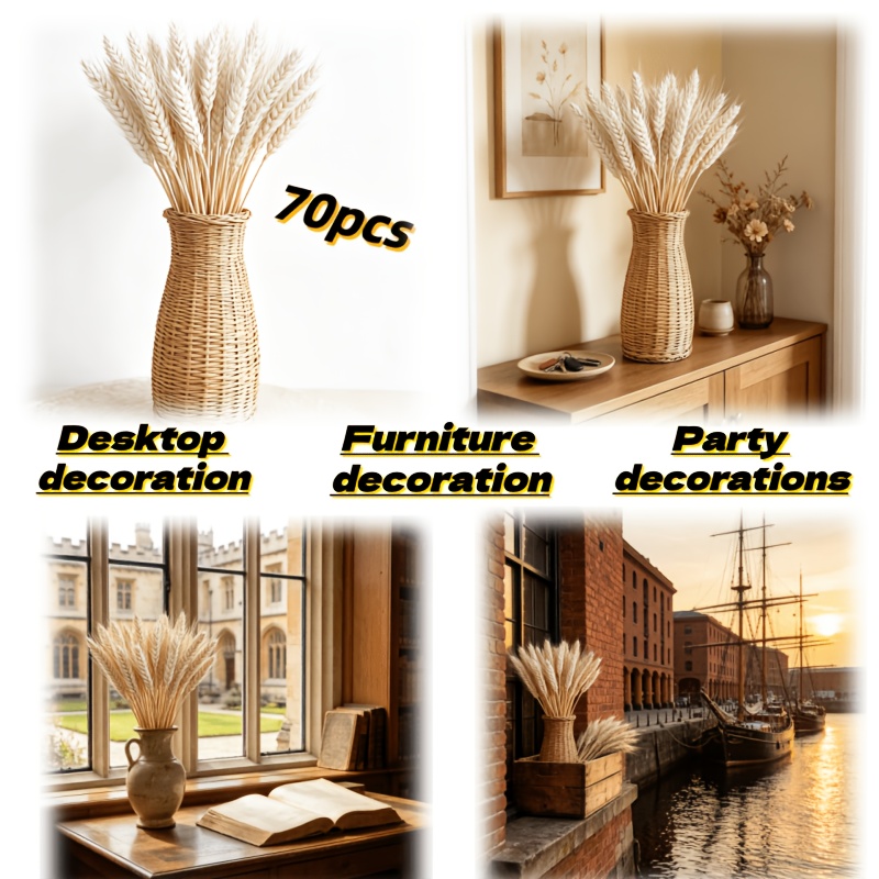 TEMU 70pcs Artificial Wheat Sheaves - Stalks, Plastic Wheat Sheaves For Table Centerpieces, Suitable For Weddings, Autumn Parties, Halloween, Easter,