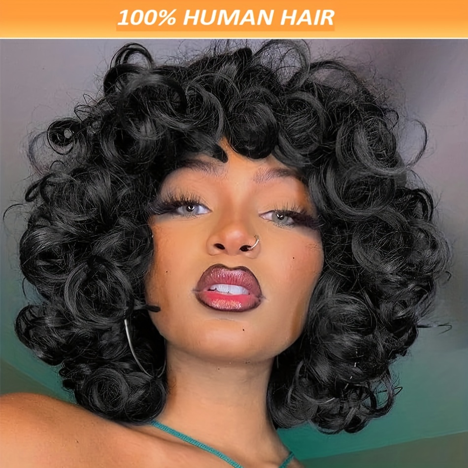 

Hair Wig, Cut, Loose Curly Brazilian Bob With Curved Bangs, 200% Density, , Rose Cap, Women Party Cosplay Daily Use