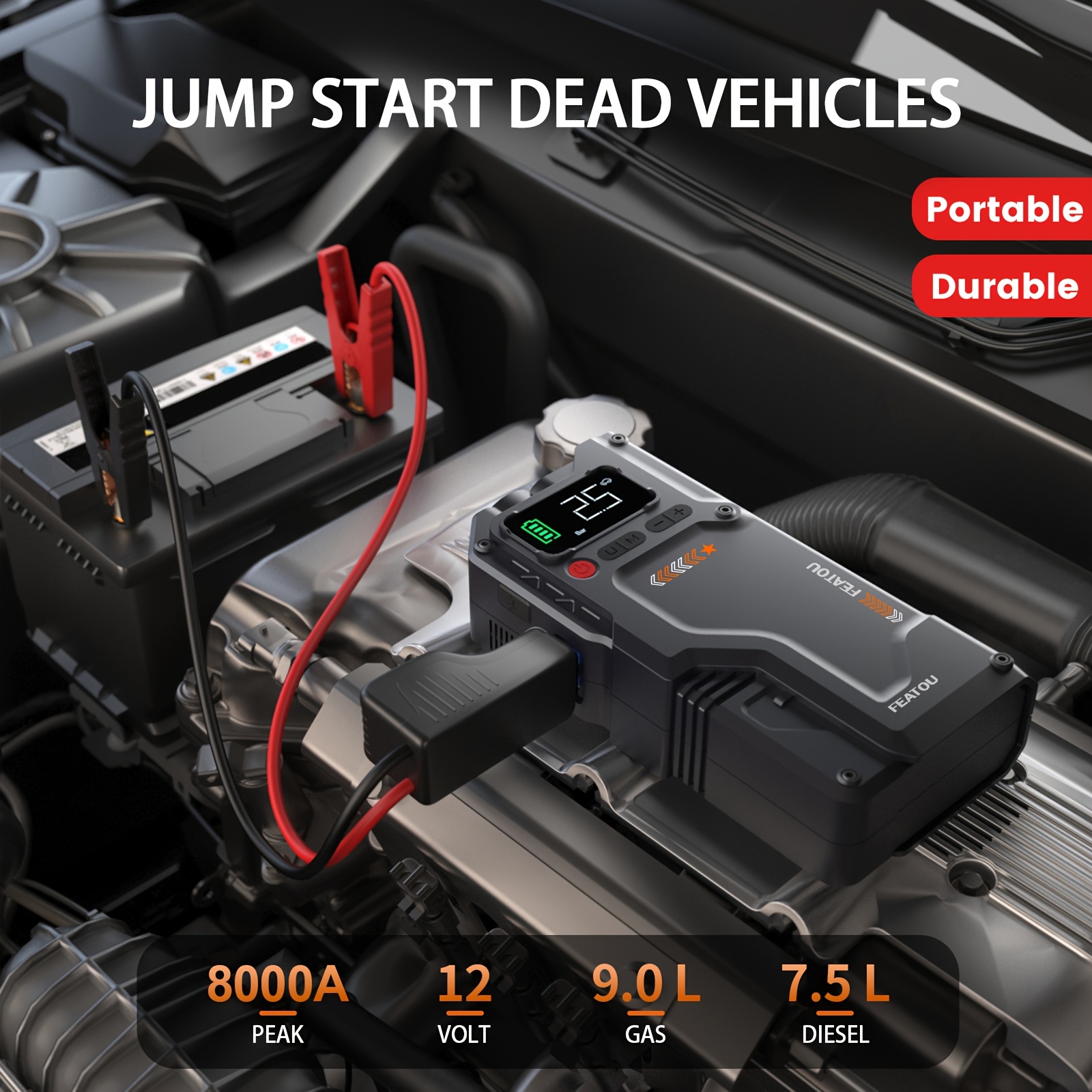 TEMU 10-in-1 Jump Starter With Air Compressor, 8000a 150psi Battery Jumper Starter Portable, Usb Rechargeable, Led Flashlight, And Air Compressor For