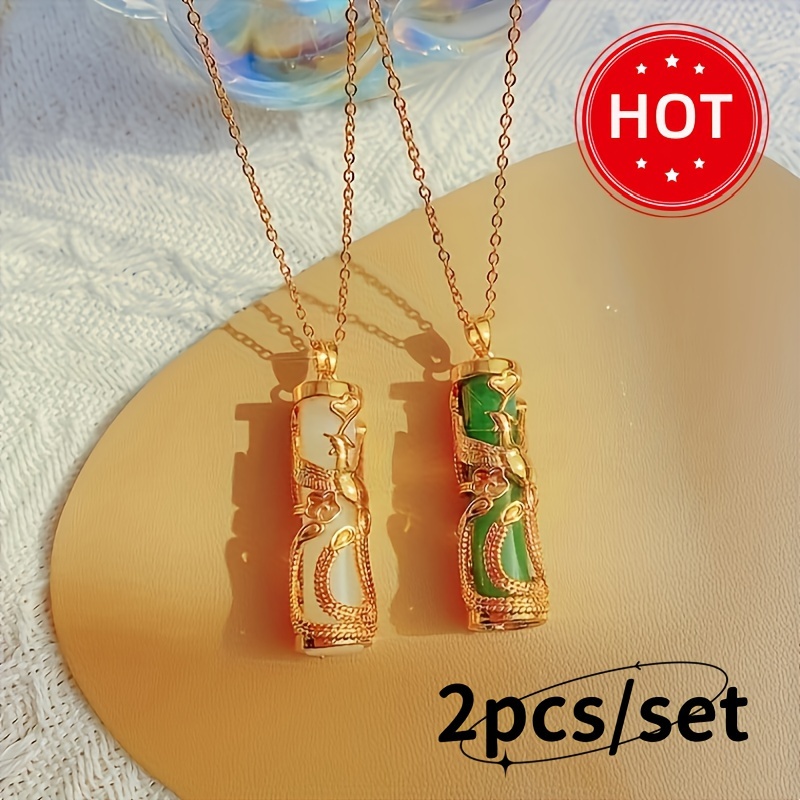 

2pcs/set High-end Elegant Vintage Golden Necklace, Debossed Phoenix And Long Copper & Simulated Jade Pendant Necklace, Casual Casual Fashion Jewelry Gift For Girls