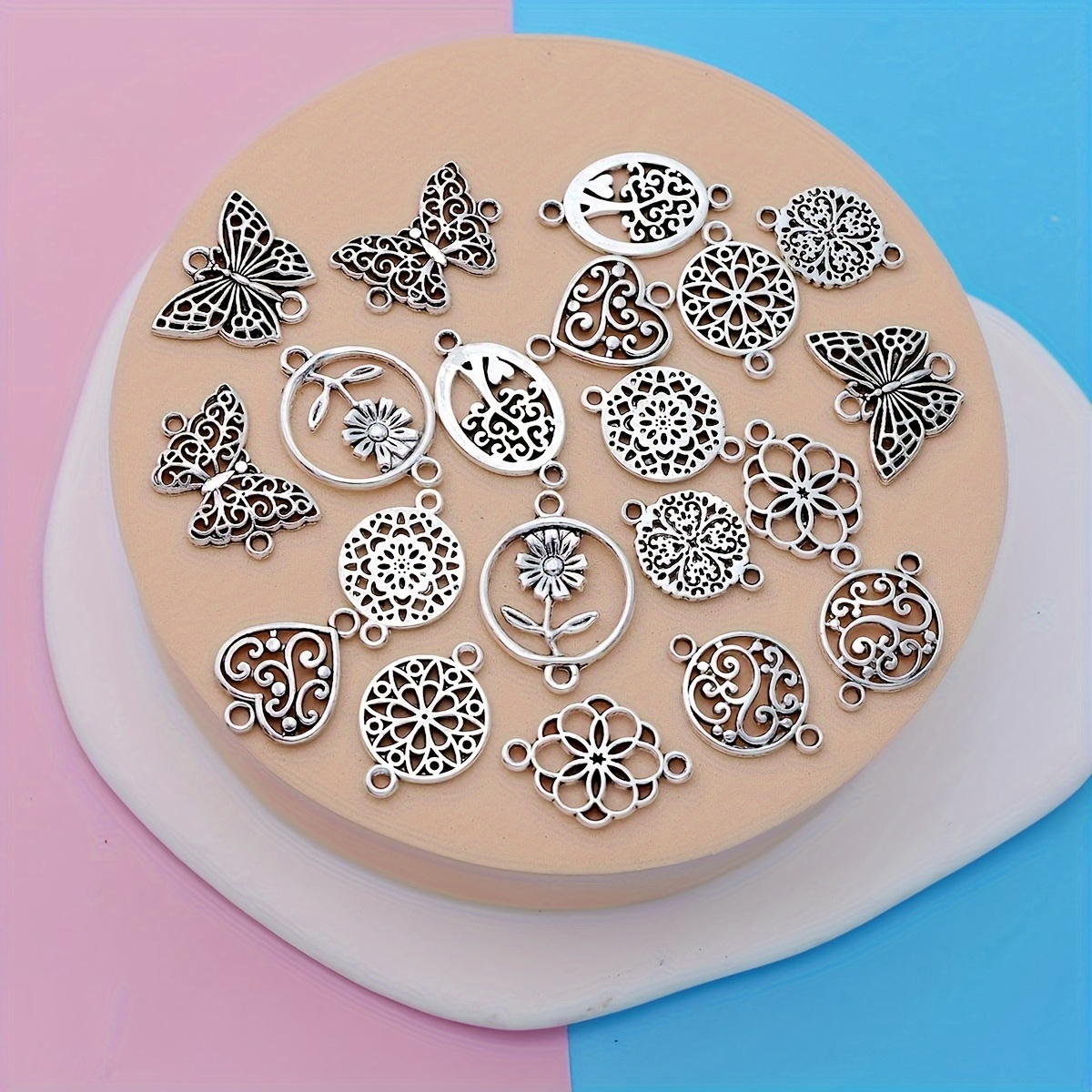 TEMU 20pcs Of Assorted Small Business Supplies For Christmas, Featuring Antique Silvery-plated Alloy Pendants In Of Hearts, , Trees, Butterflies, And