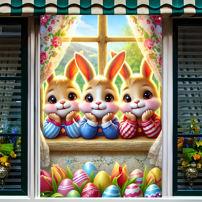 

1pc Hego Easter Bunny Window Flag, 100% Polyester, Multipurpose Indoor/outdoor Decoration, No Electricity Needed, With Rabbit Party Banner, For Home, Garden, Patio, Fit