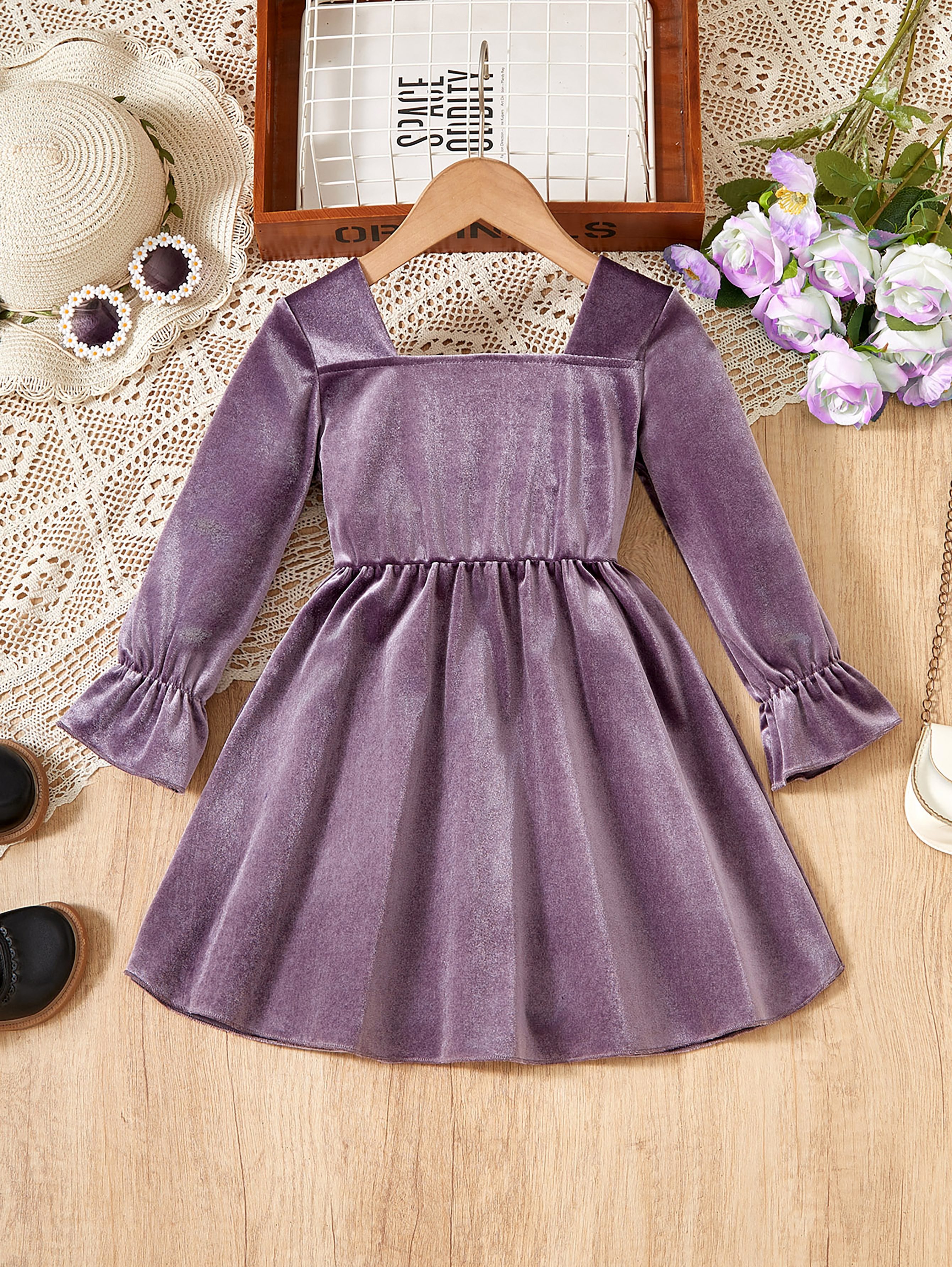 robe en velours violet à manches longues à volants bal Temu Belgium
