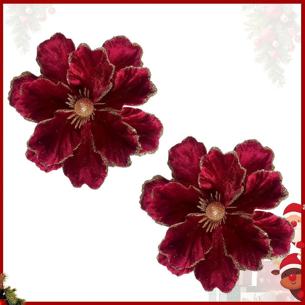 TEMU Lot de 2 fleurs de magnolia de Noël, fleur synthétique de Noël, fleur en tissu décorative, accessoires de festival, , fleurs de décoration pour