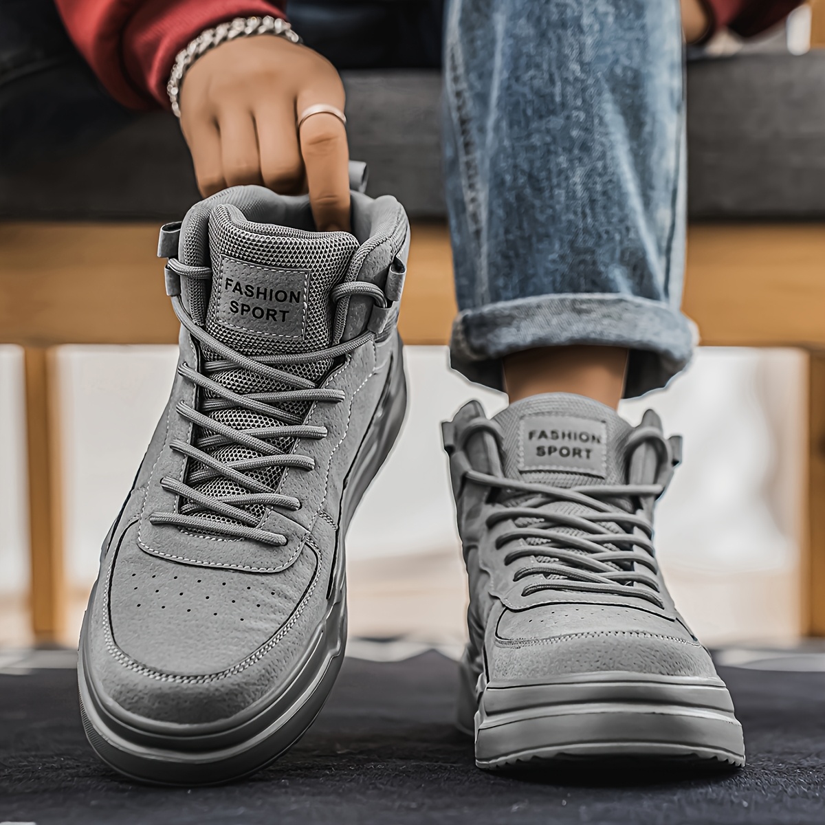 Men's Casual Cool Solid Color High Top Platform Sneakers, Breathable Wear-resistant Skateboard Shoes For All Seasons