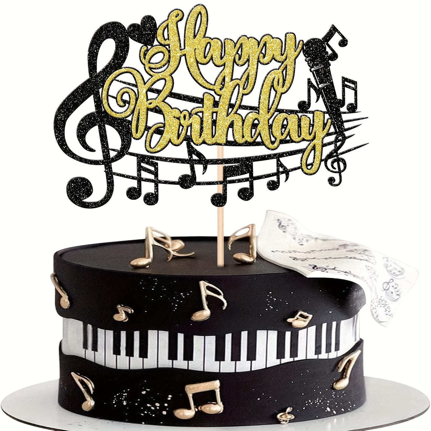 Happy Birthday Tortenaufsatz – Klavier-Motiv In Schwarz & Gold | Für Musiker-Geburtstag