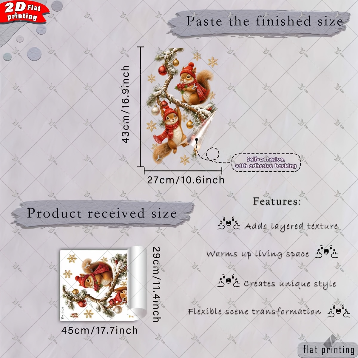 TEMU 2D Plat, 1 stuk 2D Plat Bedrukte Kerst Twee Eekhoorns Gebreide Muts Sjaal Besneeuwde Dennentak Kerstballen Sneeuwvlok 30*45cm Raamstickers DIY