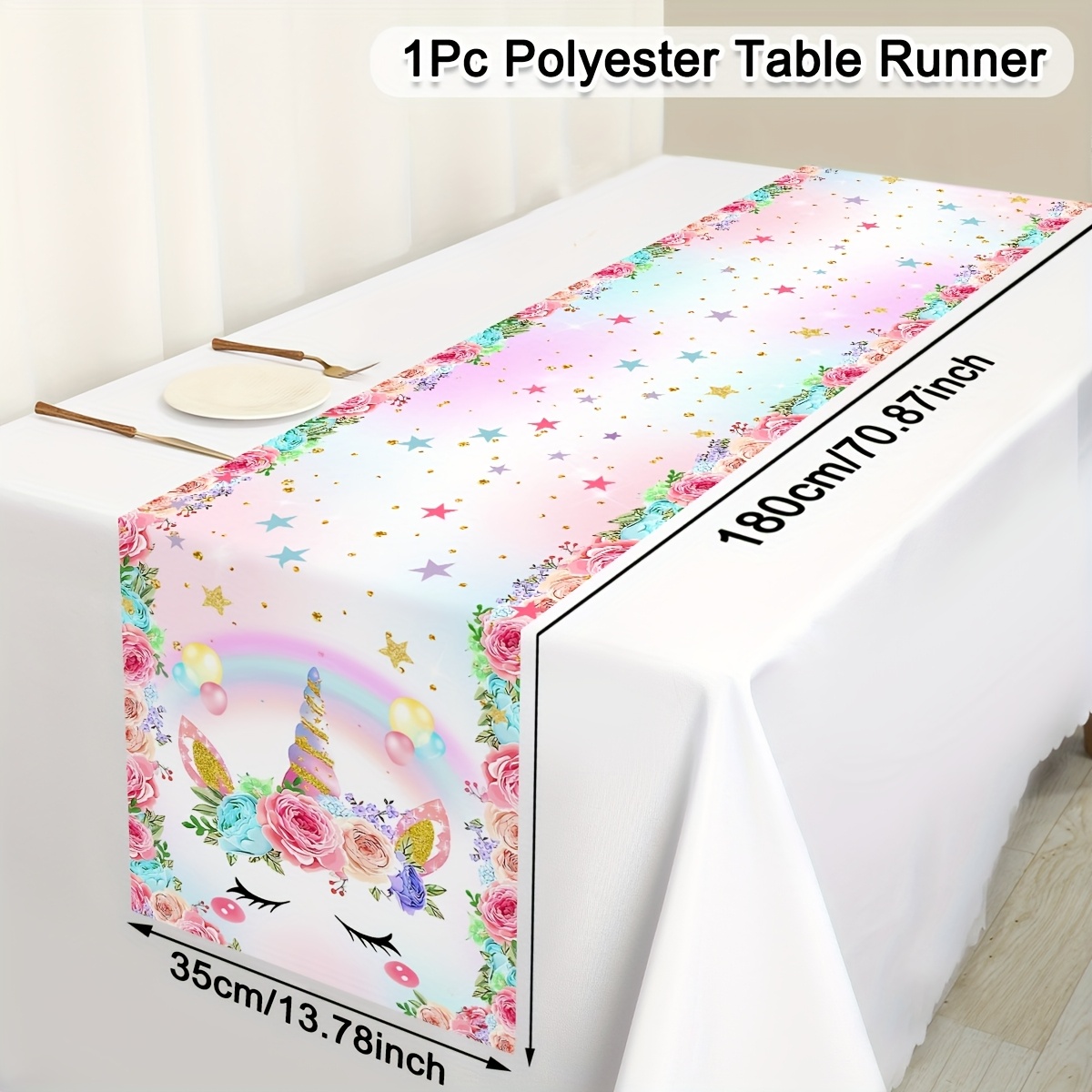 1pc, Rainbow Unicorn Design Tablecover - 35*180cm Polyester Unicorn Theme Party Table Decorations For Birthday & Shower Parties, Wedding Decor, Home Decor