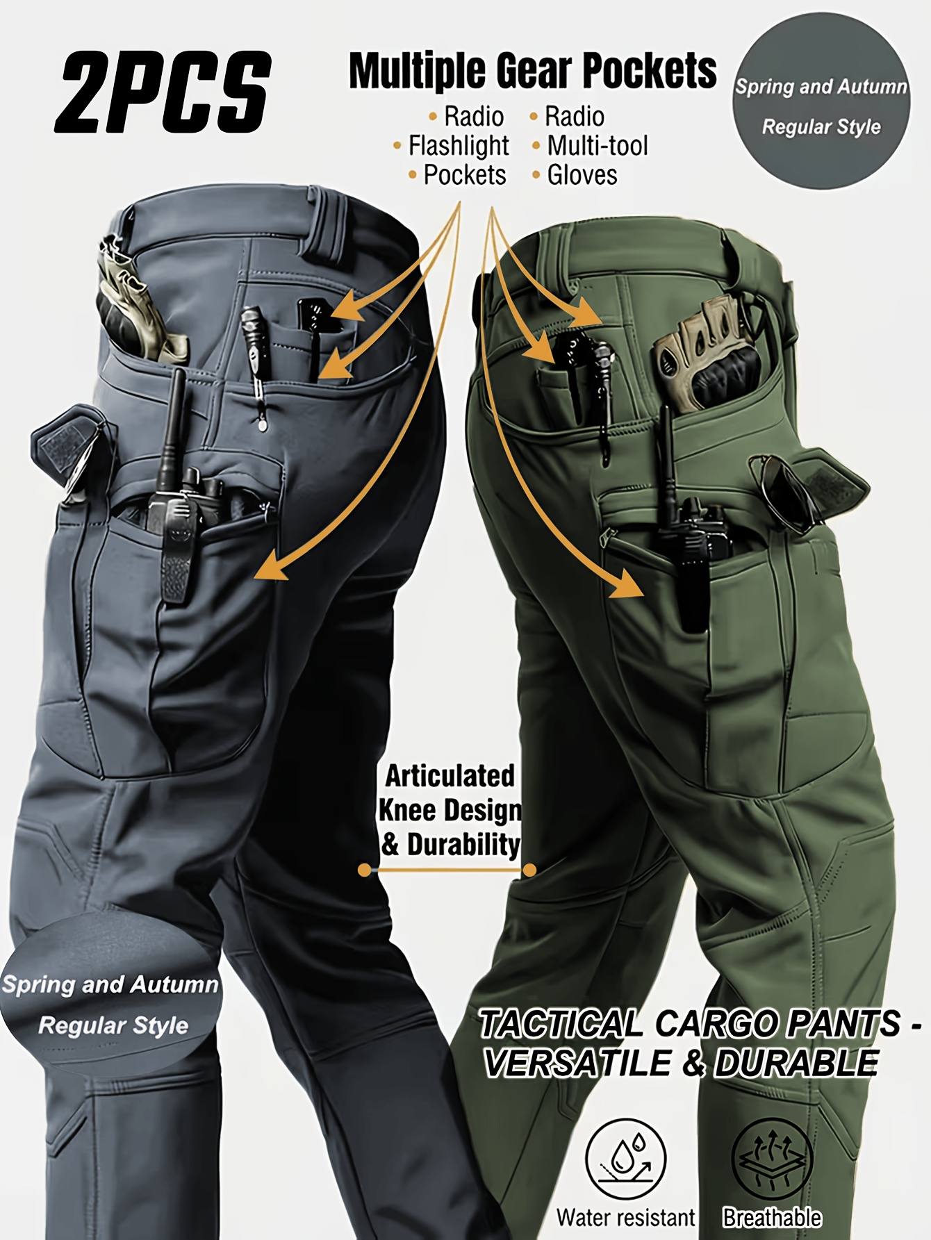 2pcs Men s Heavy-Duty   Cargo Pants - Tear-Resistant Stretch Work Pants with Multi-Pocket Belt Loops, Machine Washable Suitable for Outdoor Hiking, Fishing, Construction, Belt Not Included, Belt Compatible for Belt Loops, Belt Required for Use