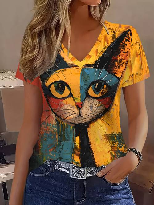 item picture 2 fashion elegant casual minimalist vacation abstract painting gradient cat doodle graphic full body print breathable v neck short sleeve t shirt casual fashion short sleeve womens s shirt new summer womens short sleeve outerwear top