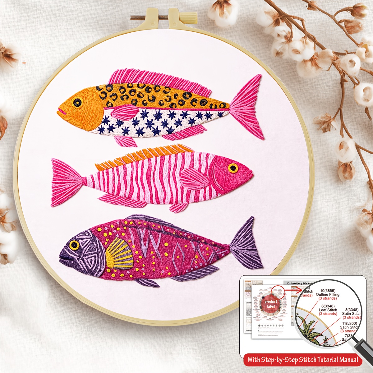 TEMU New Embroidery Kit, 20x20cm/7.9x7.9inch, 3 Colorful Fish, Handmade Diy Embroidery Kit, Suitable For Diy Embroidery Lovers For Adult Beginners,