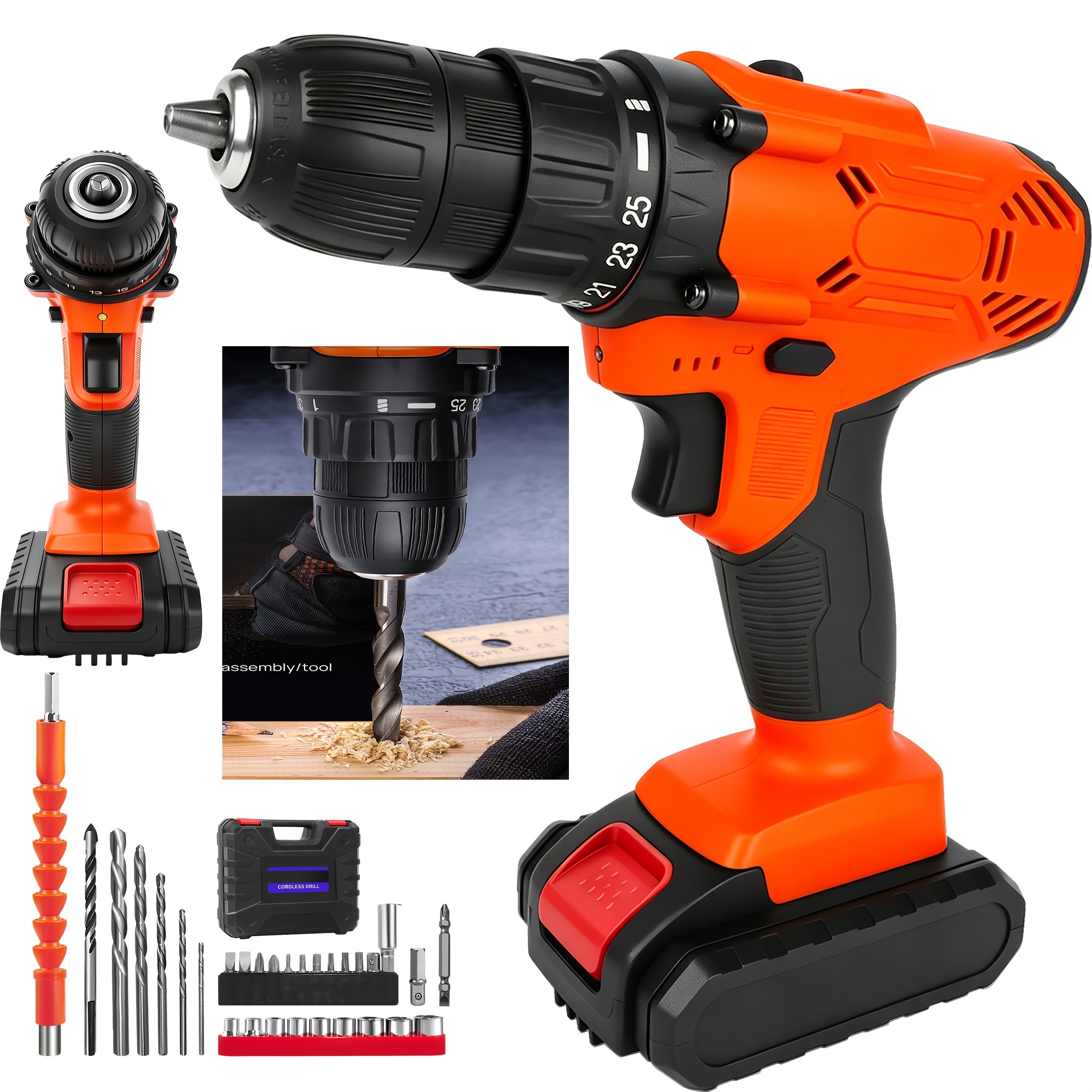TEMU Cordless Drill Set 26pcs Drill Driver Kit 1.3ah Battery 45nm Power Drill With 25+1 Torque Setting, 3/8" Keyless Chuck Electric Drill For Metal,