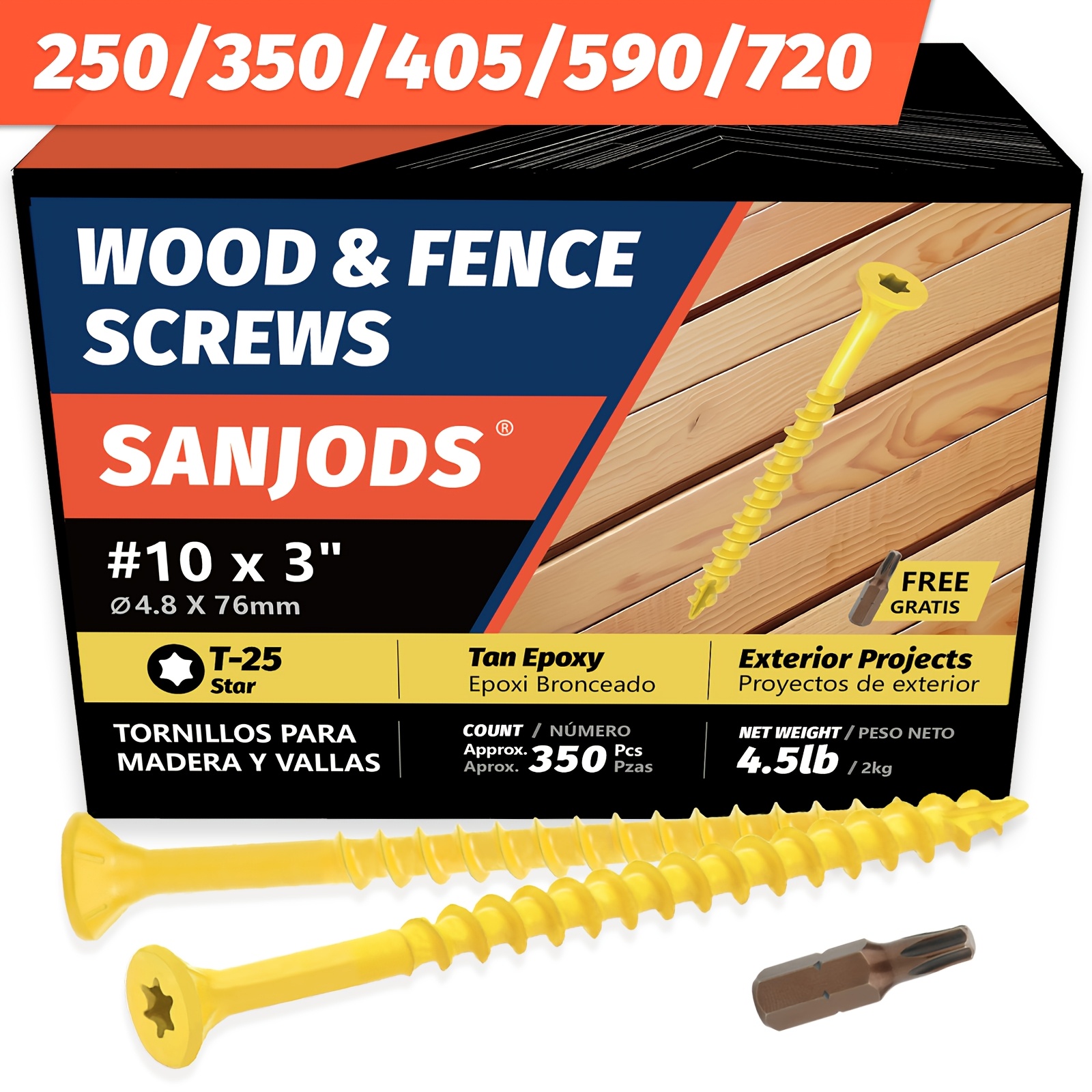 4.5 lb Box of Rust-Resistant Exterior Epoxy Coated Tan Deck Screws, #10 Wood Screws with Torx Drive, T25 Star Bit Included, Multiple Sizes a
