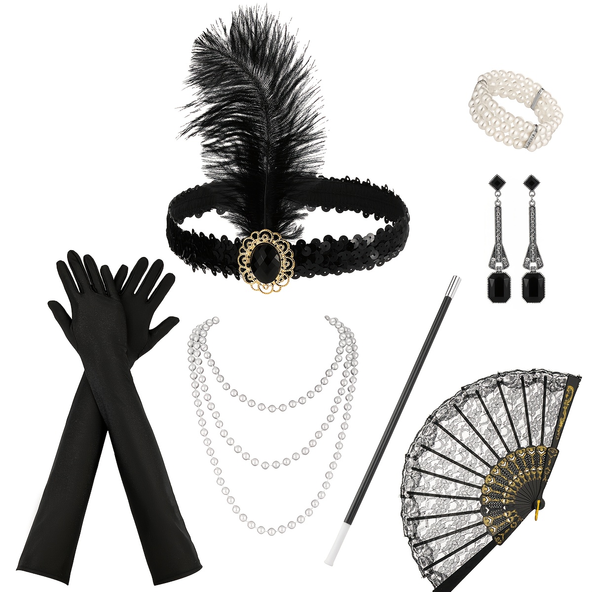 TEMU Set da 7 pezzi per festa di , Halloween e anni '20: copricapo, orecchini, piume, festa vintage elegante e sexy, guanti, bracciale, pizzo e .