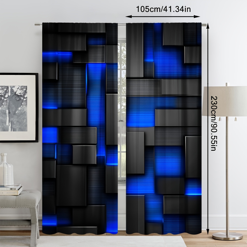 TEMU 2d Flat - Set Of 2 Flat Blue Neon Grid Maze Curtains - Semi-transparent Drapes Featuring A , With Rod Pockets, Ideal For Kitchen, Living Room,