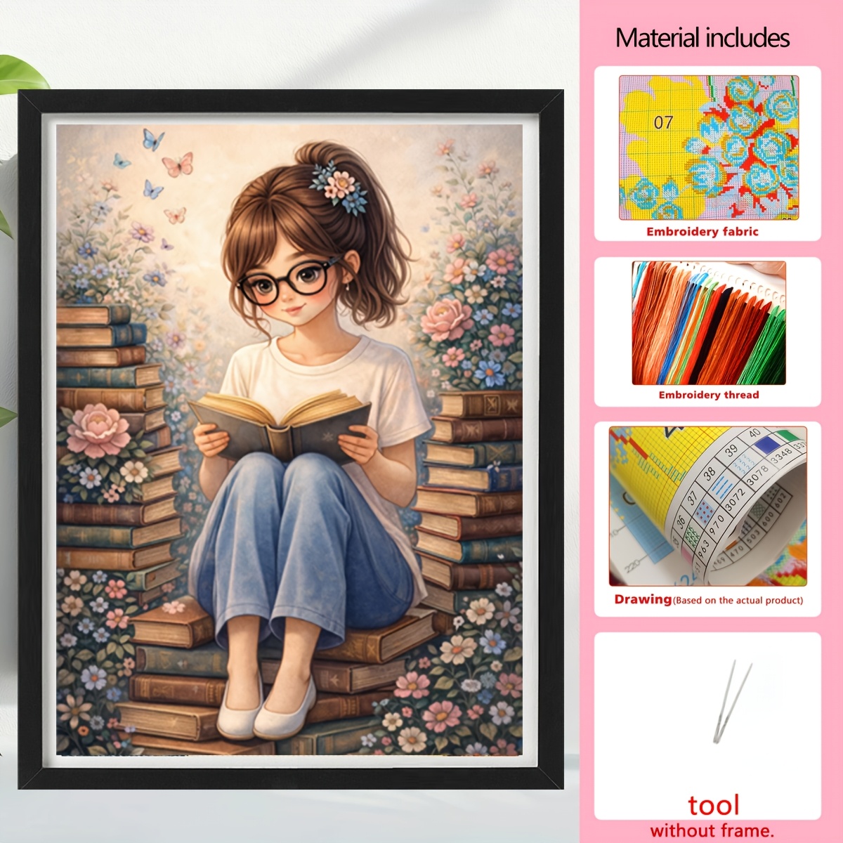 TEMU Complete Diy Cross Stitch Kit Suitable For Bedroom & Living Room Wall Decor - Girl Reading Pattern With Pre-printed Fabric, Threads, Needles &