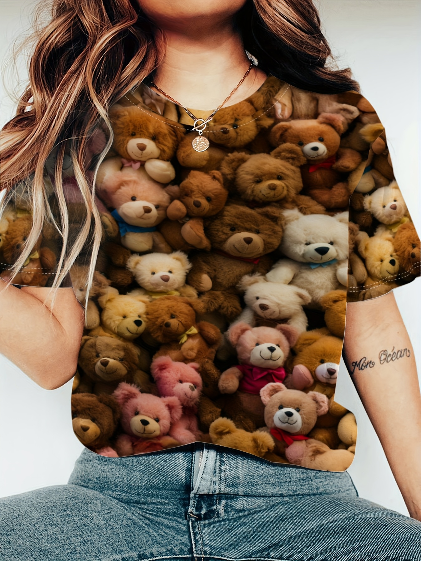 womens casual crew neck t shirt with   teddy bear print short sleeve lightweight   spring summer casual wear tee   print top   teddy bear gifts