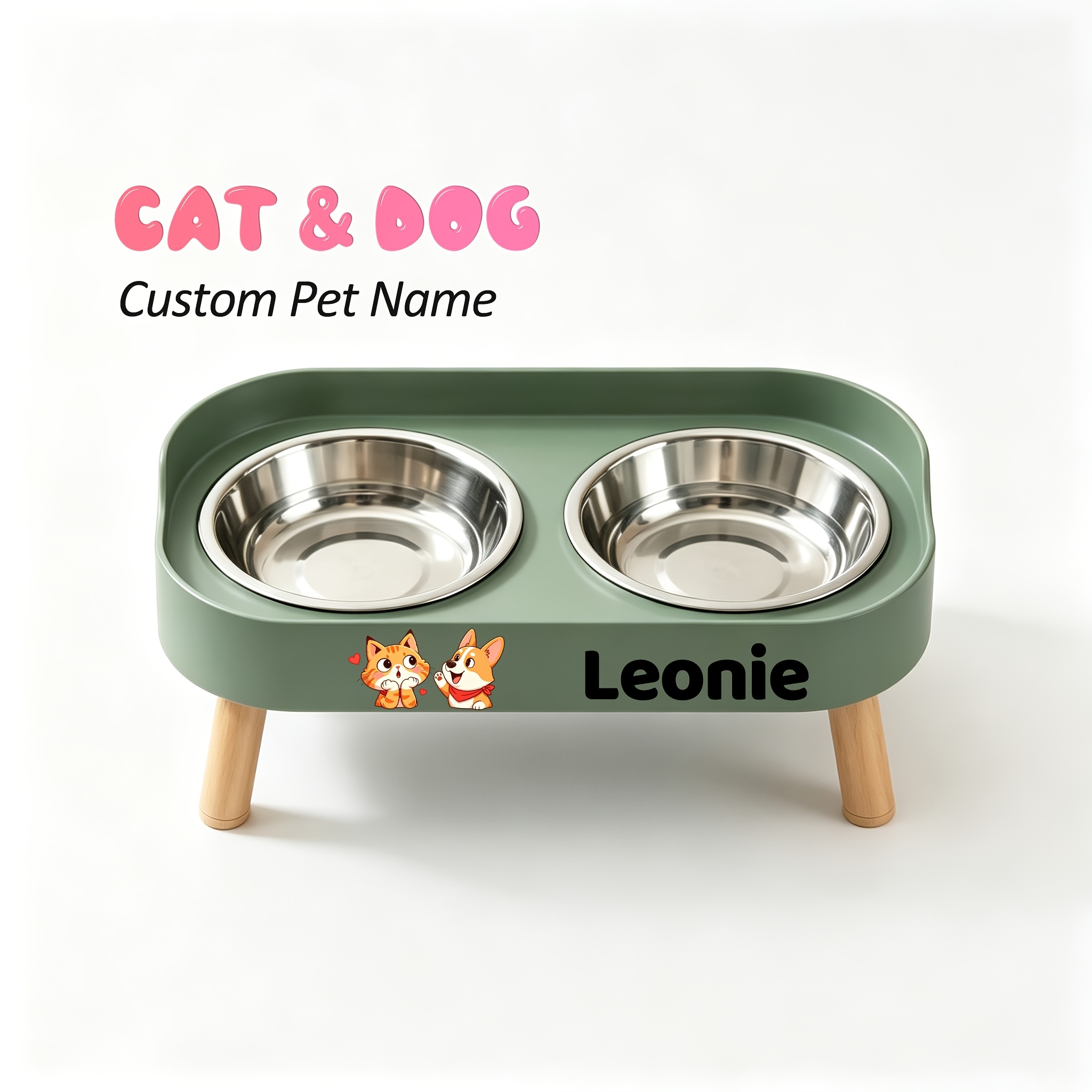 Raised Double Bowl Feeder with Custom Pet Name