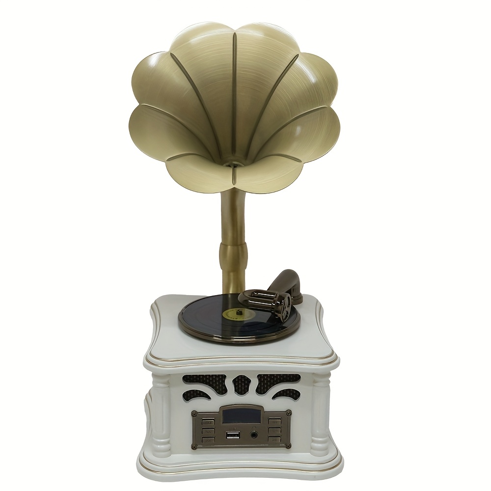 Image of Mini Wooden , Gramophone Shape, Earphone Jack, Wireless Connection, Stereo Speakers, Vintage Speakers, Aux In, Usb, Vintage, White