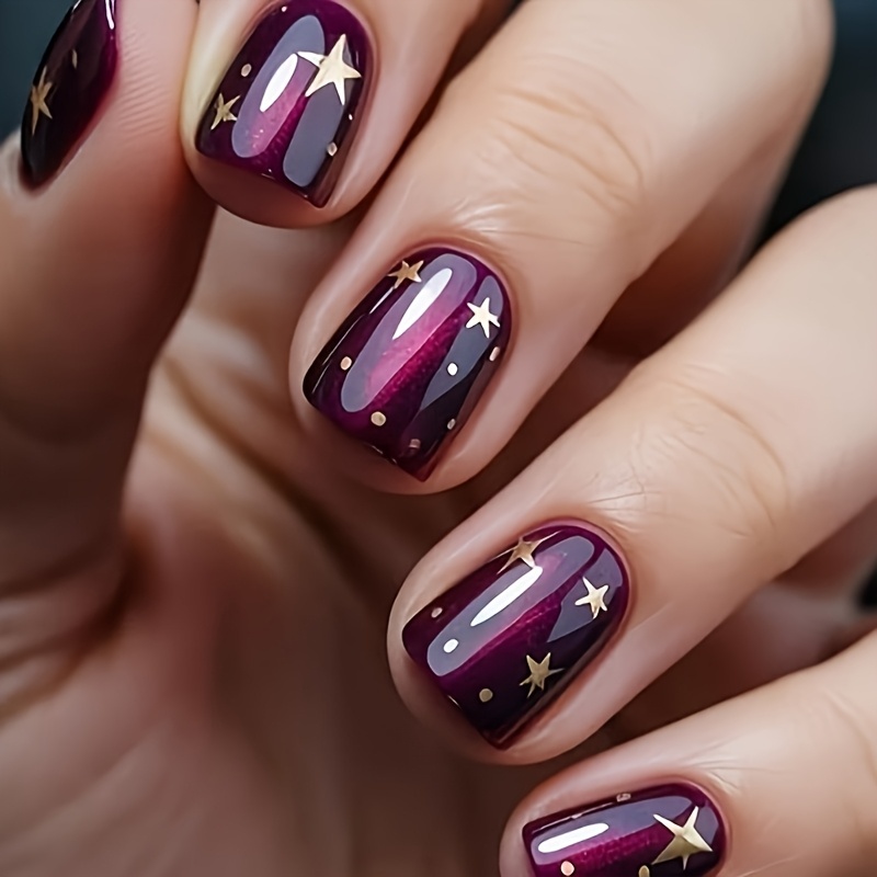 TEMU 24pcs Ongles Effet Œil de Vin Élégants avec Autocollants Étoiles Dorées Ciel Étoilé | Faux Ongles pour Fêtes et Usage