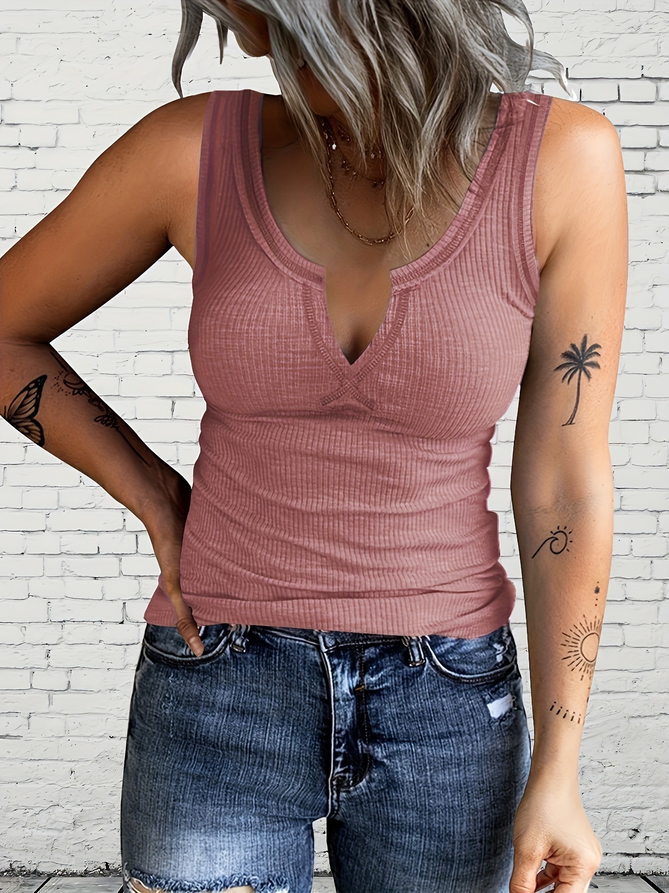 Solid Color Notched Neck Tank Top, Casual Sleeveless Tank Top For Summer, Women's Clothing