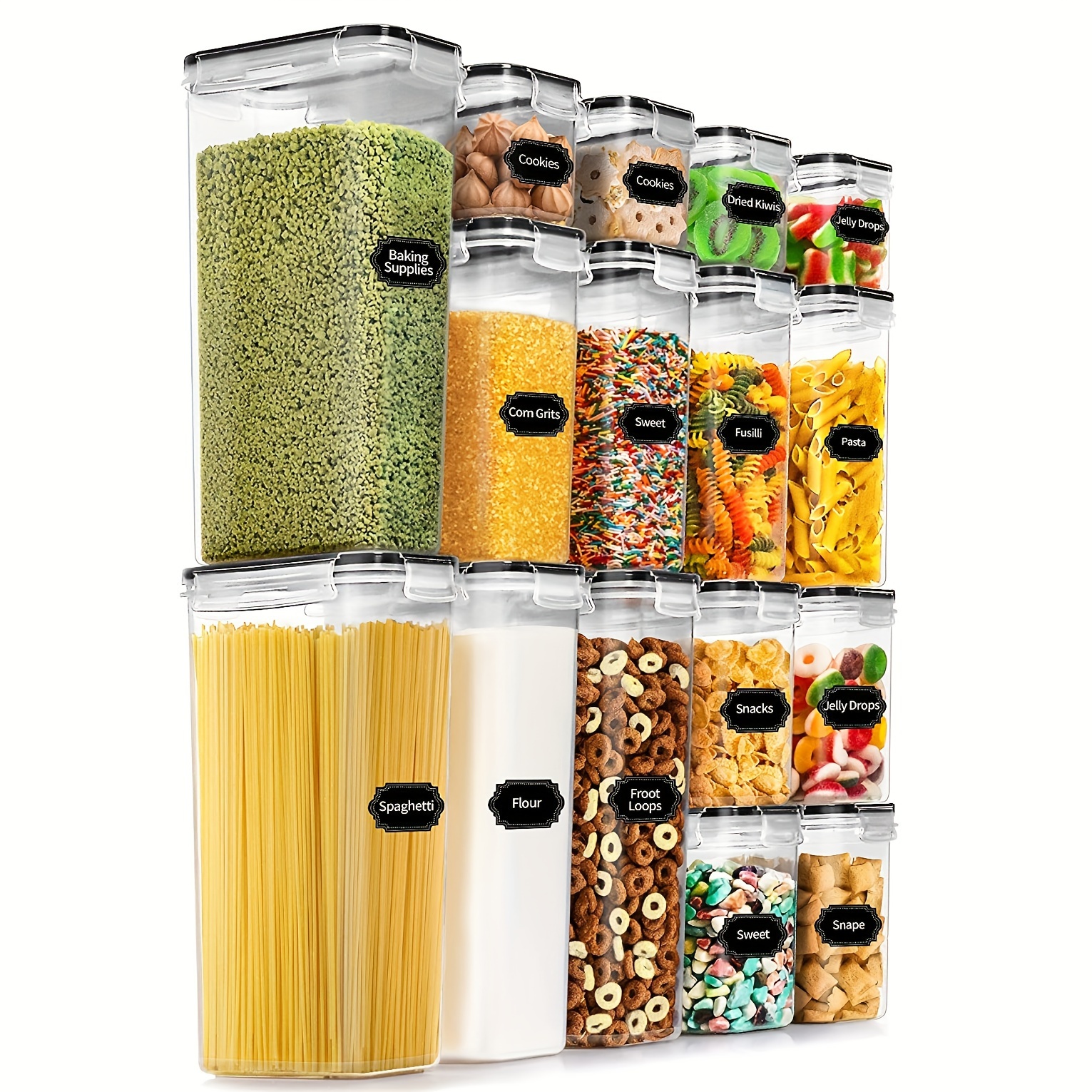 

Airtight Food Storage Containers With Lids, Plastic Kitchen And Pantry Organization Canisters For Cereal, Dry Food, Flour And Sugar, Bpa Free, Includes Labels