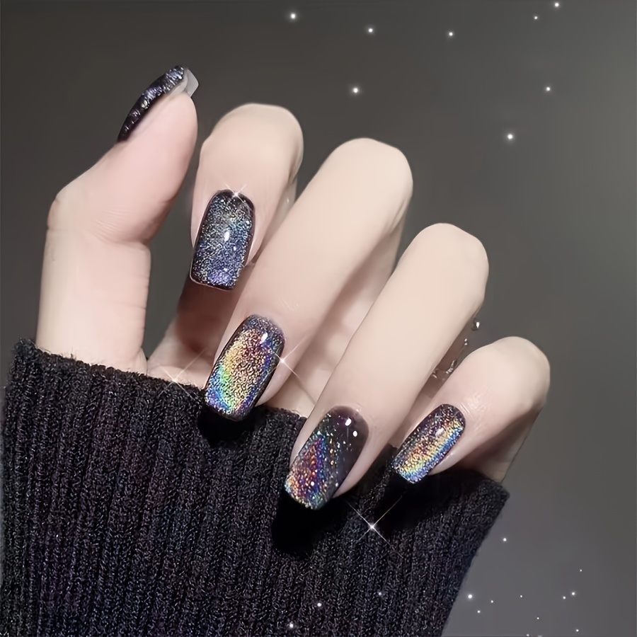 24pcs Rainbow Cat Eye Press-on Nails - Handcrafted Coffin Shape For Looks And Daily Wear