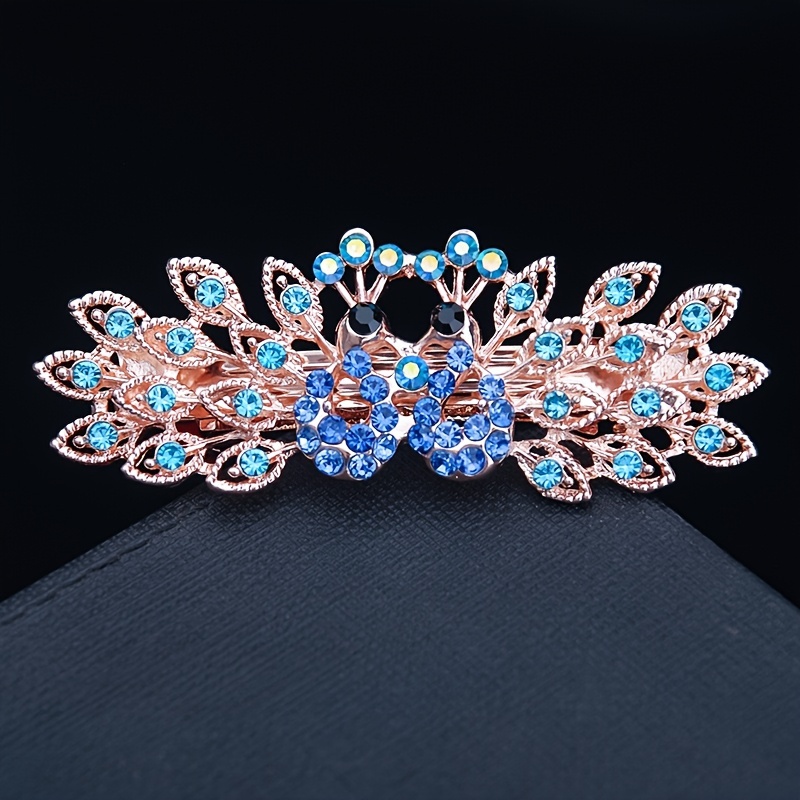Elegant Small Clip For Women - Vibrant Gemstone & Alloy, Fashionable Dual-hole Design With Colorful Rhinestones, Perfect For Stylish Half-up Hairstyles, Peacock Decor