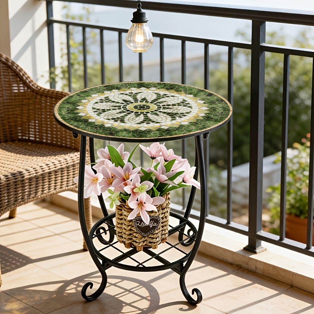 Small Round Metal Side Table with 2-Tier Iron Plant Stand, Retro Mosaic Design