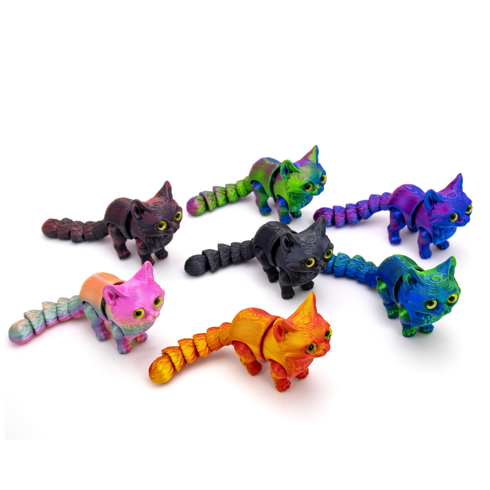 TEMU Juego de 4 piezas de juguetes de moda | Gato degradado impreso en 3D, colores aleatorios, articulado de cuerpo completo, adorno de escritorio,