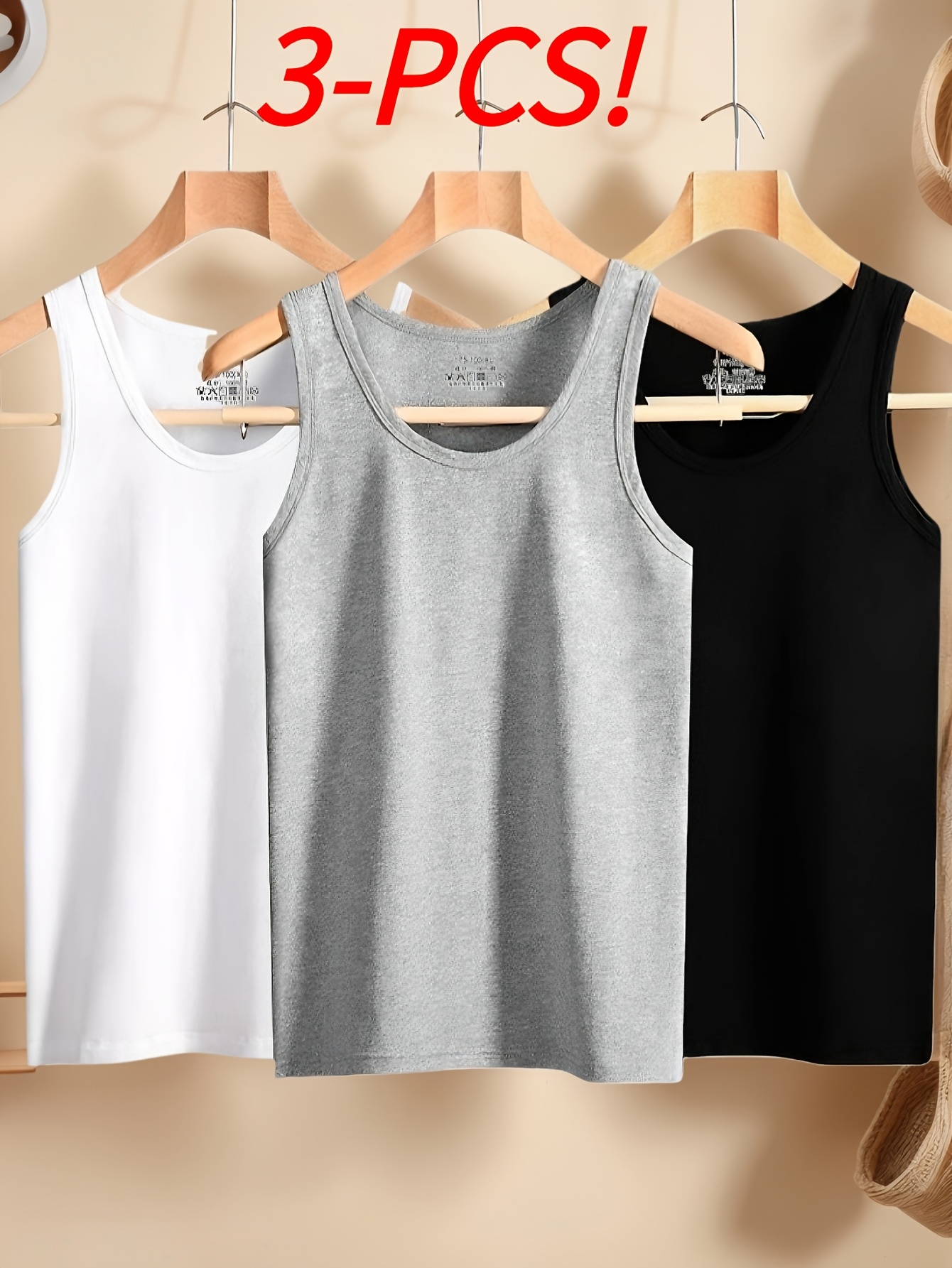 3pcs simple tops pure cotton mens vests and tops   black white and gray suitable for daily wear sports going out beach and   spring and summer  