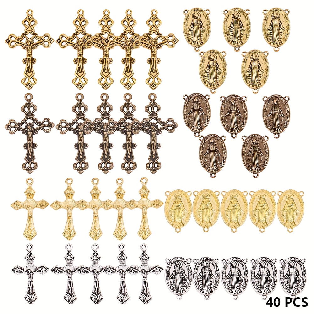 Image of 40pcs Tibetan Style Rosary Cross Charms And Center Medal Easter Vintage Cross Pendants Oval Chandelier Links Connector Charm For Rosary Bead Necklace Making Supplies