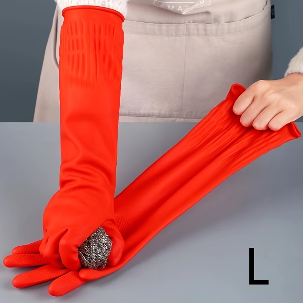 TEMU 1 Pair Of Extra-long Red Household Cleaning Gloves, Suitable For Kitchen Use, Dishwashing, And Laundry