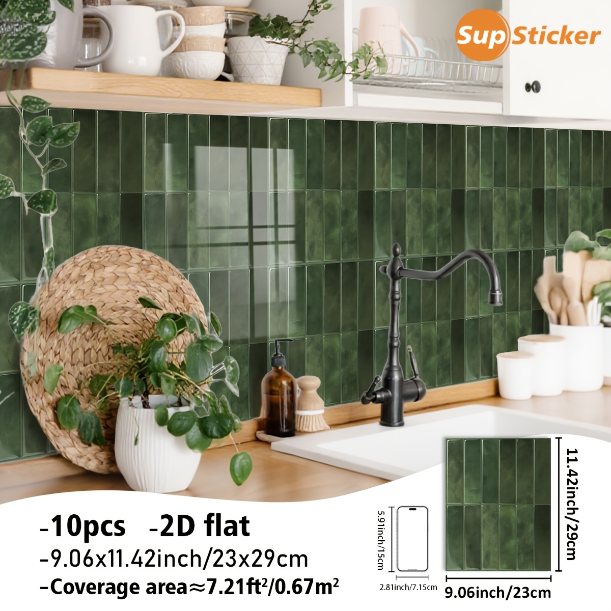 TEMU 2d Effect 10pcs Dusty Pink, , Olive Green And Turquoise Green Glossy Rectangular Mosaic Installing Decorative Tiles, Self Adhesive, Removable,