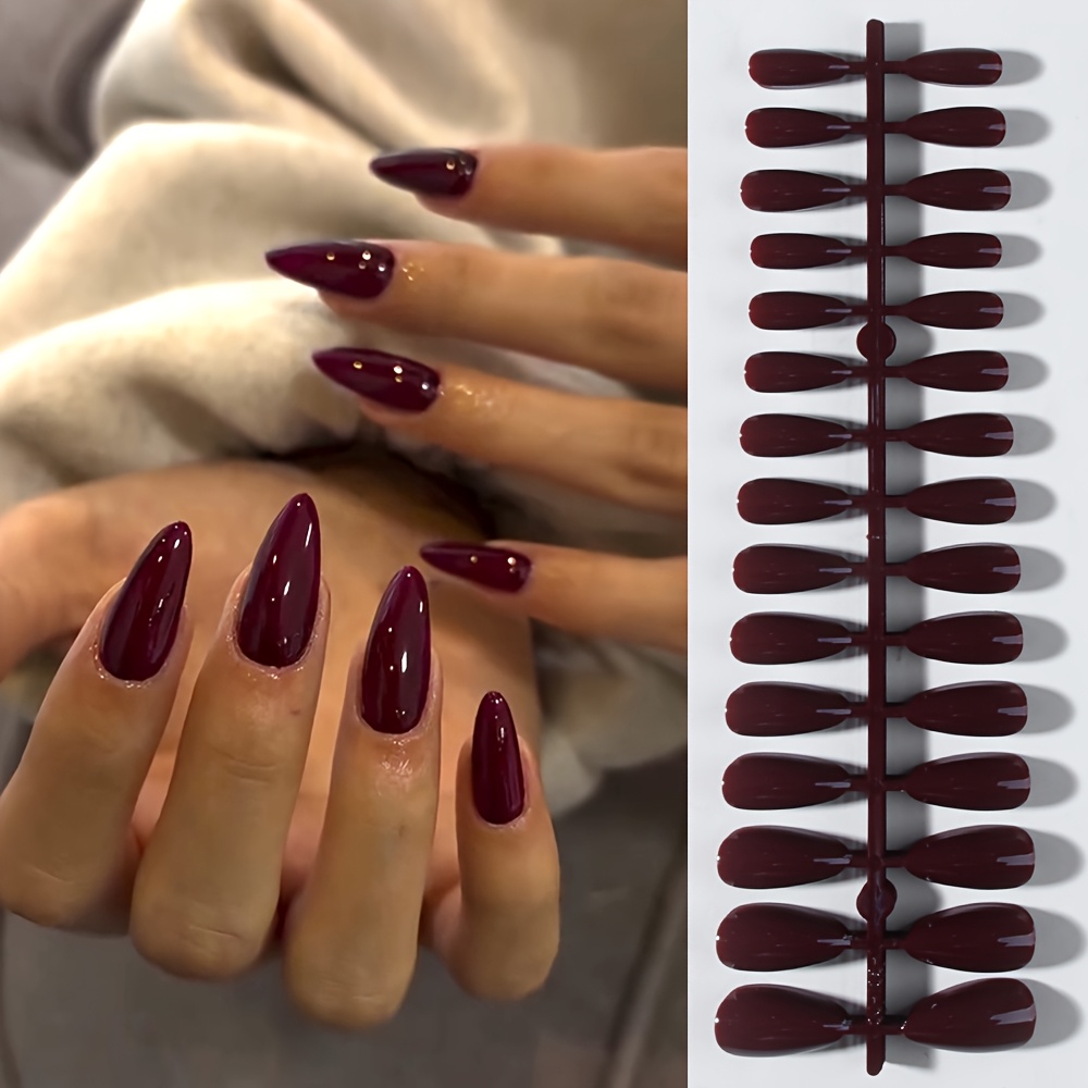 TEMU 150pcs Wine -length Almond Fake Nail Stickers, Glossy Opaque Reusable Soft Gel Nail Art, -on Nails, Acrylic Nail Stickers, Nail Art For Women